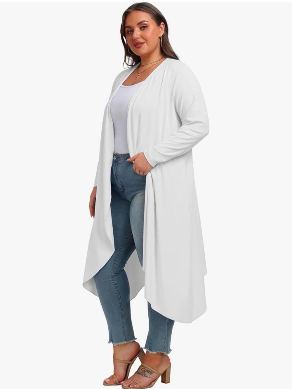 White Lightweight Trendy Long Duster Cardigan for Women with Pockets Size: 4x